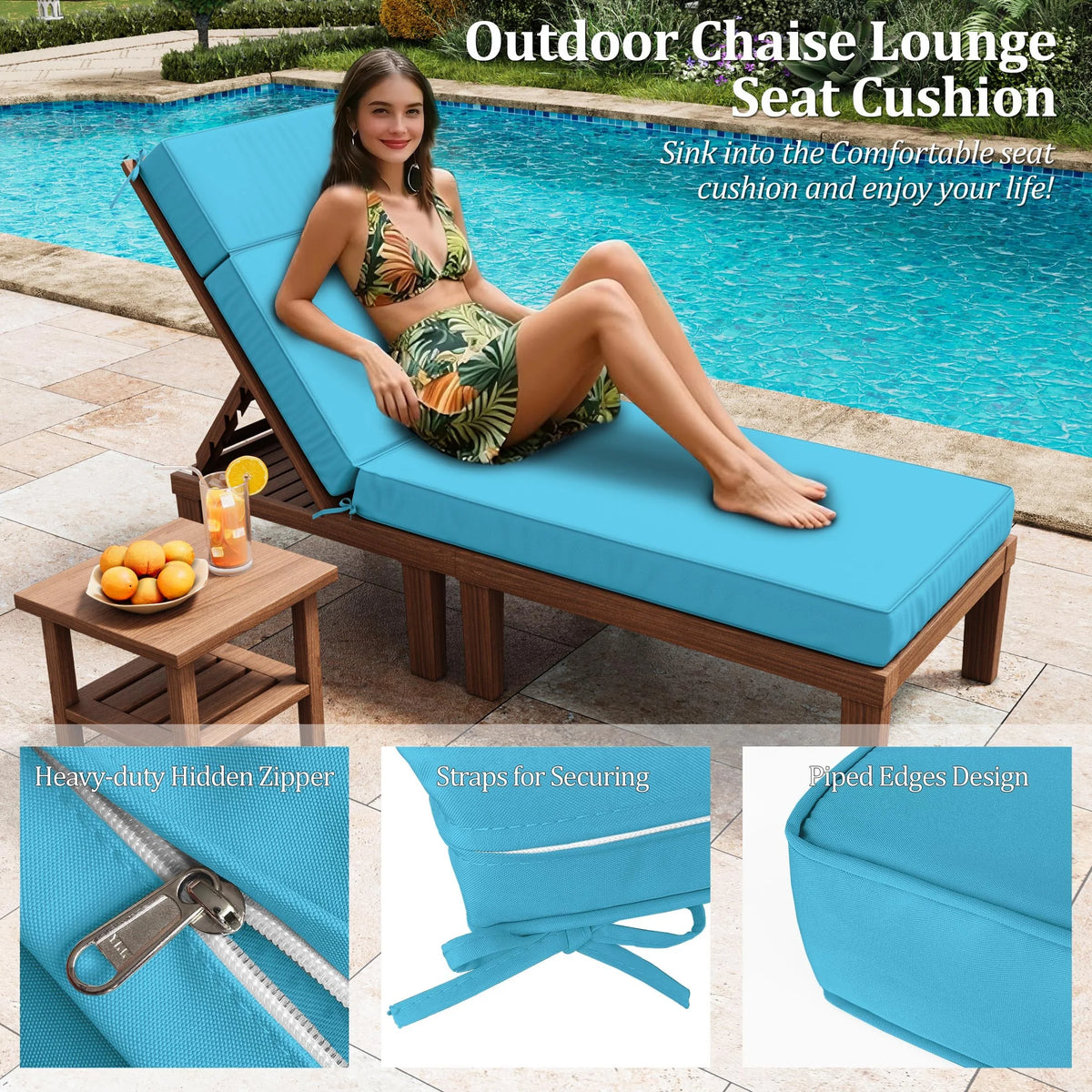Kimunuk Outdoor Chaise Lounge Cushions set of 2, 80" x 26" x 4" Waterproof Pool Beach Recliner Replacement Cushions with Ties, Navy