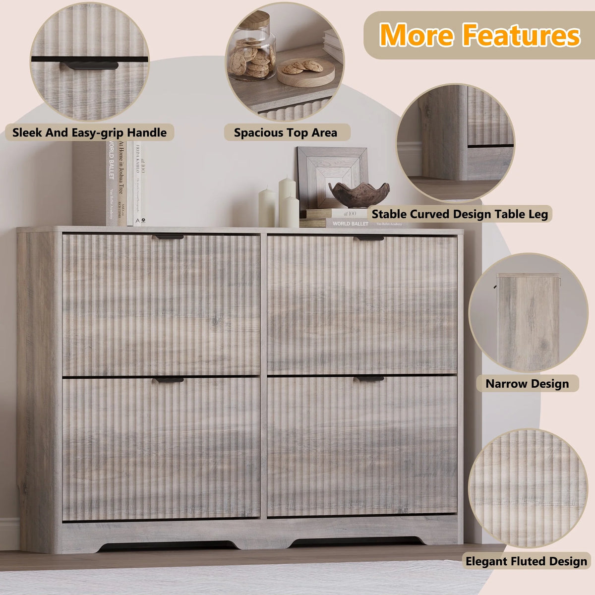 FANRAL Shoe Cabinet with 2 Flip Drawers & Open Storage,Fluted Shoe Storage Cabinet Rack Organizer with Adjustable Shelves for Entryway,Closet,Hallway,White
