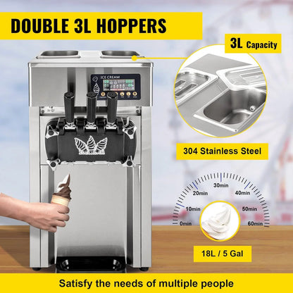 SIHAO 1200W Commercial Ice Cream Machine Countertop 18L/H Soft Serve Ice Cream Maker with LED Display