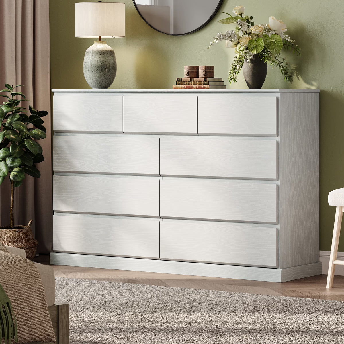 Linsy Home Modern Wood Dressers for Bedroom, Wide Chest of 9 Drawers, White