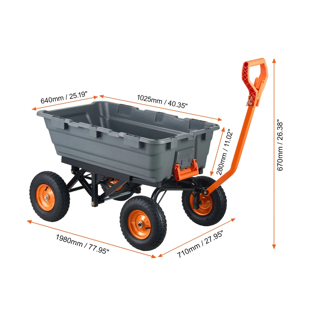 KFFKFF Garden Dump Cart, 35.8x19.5x8.2 in Dump Truck Cart, Max. 600lbs Load Capacity, 10in Rubber Tire, 180�� Adjustable Handle