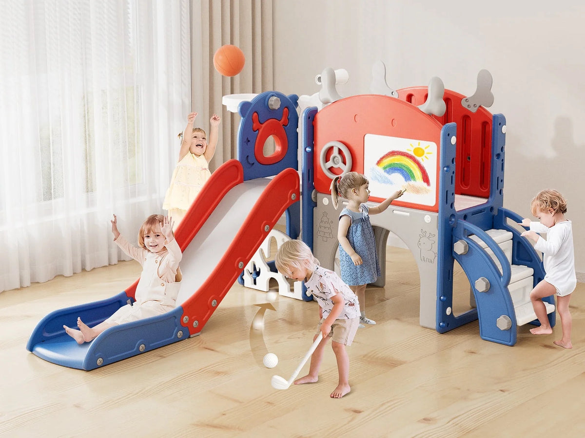 Korimefa 11-in-1 Toddler Slide Set with Golf, Basketball Hoop, Kids Slide for Toddlers Age 1-4, Climber Slip and Slides, Baby Outdoor Toys
