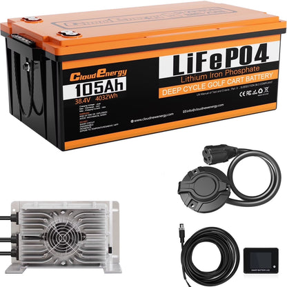 36V(38.4V) 105Ah LiFePO4 Golf Cart Battery Built-in 250A Bluetooth BMS,with 20A Charger,Touch Monitor,6000+ Cycles,Perfect for Golf Carts,Trolling Motor