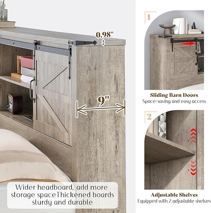 Merluxy Farmhouse Full Bed Frame with Storage Bookcase & Charging Station, Bedroom Furniture, Grey