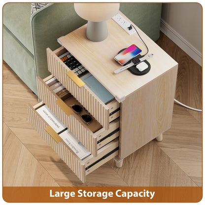 GIKPAL Bedroom Dresser and Nightstand 3 Piece Set - Includes Boho Double 6 Drawer Storage Dresser, Nightstand Set of 2 with Charging Station, Modern Bedroom Set, Natural