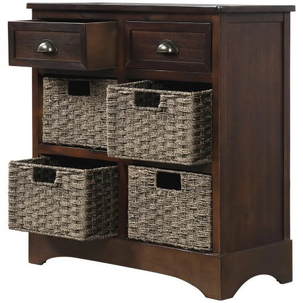 Rustic Storage Cabinet, Wood Accent Cabinet with 2 Drawers and 4 Rattan Baskets,Entryway Console Table Sofa Table for Living Room,Dining Room,White Washed