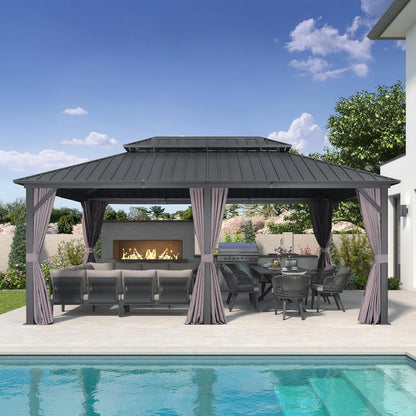 PURPLE LEAF 8' X 8' Gazebo Outdoor Gazebo Permanent Hardtop Gazebo with Galvanized Steel Double Roof for Patio Backyard Deck Aluminum Gazebo with Netting and Curtains Grey
