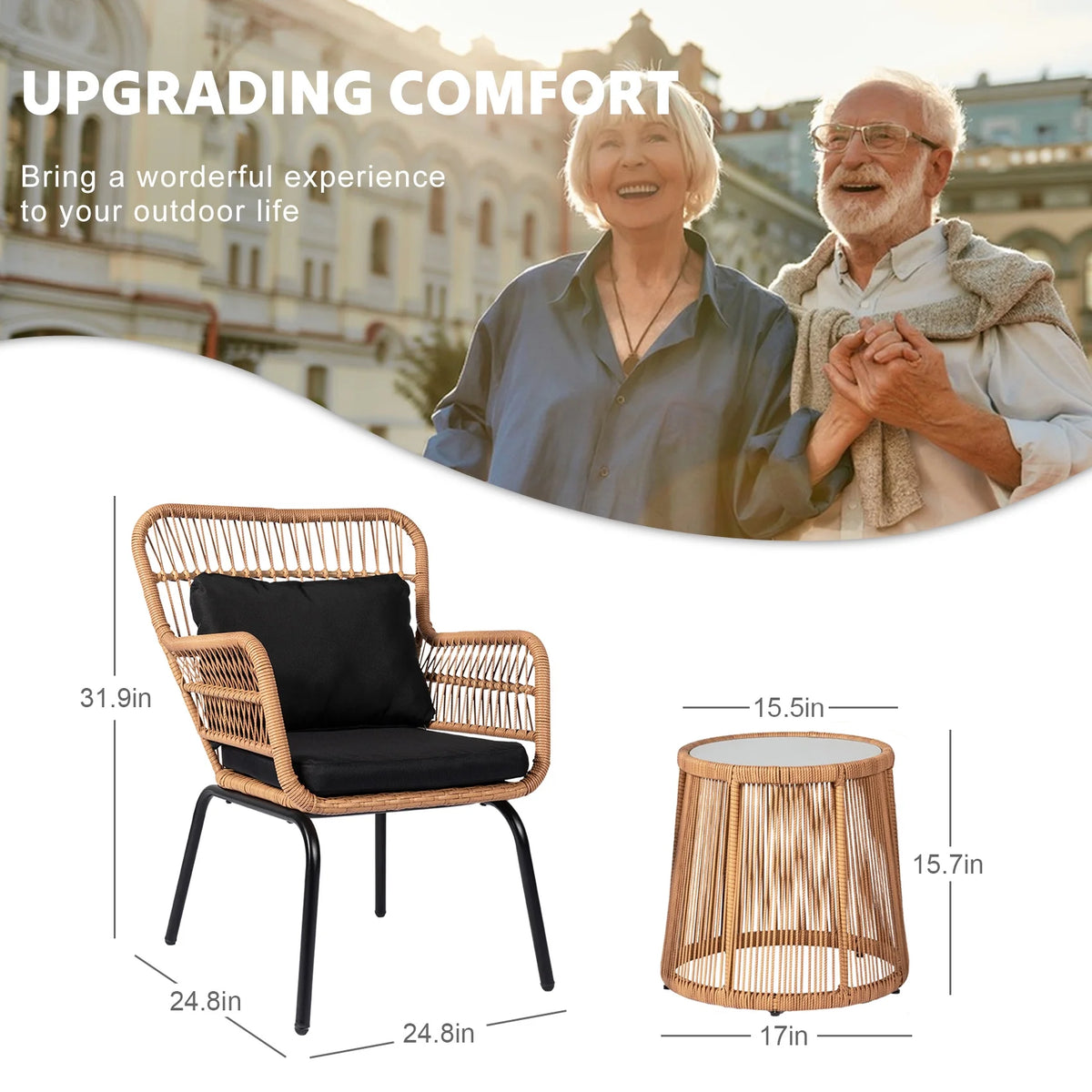 Tappio 3-Piece Patio Conversation Bistro Set Rattan Furniture, Outdoor Patio Set w/Glass Top Table & Cushions for Garden Balcony Backyard Poolside, Yellow/Beige