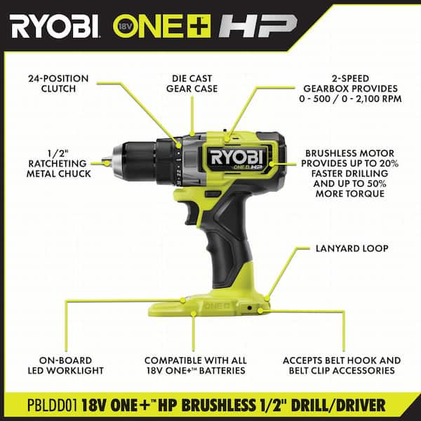 ONE+ HP 18V Brushless Cordless 2-Tool Combo Kit with Drill/Driver, Impact Wrench, Batteries, Charger, and Bag