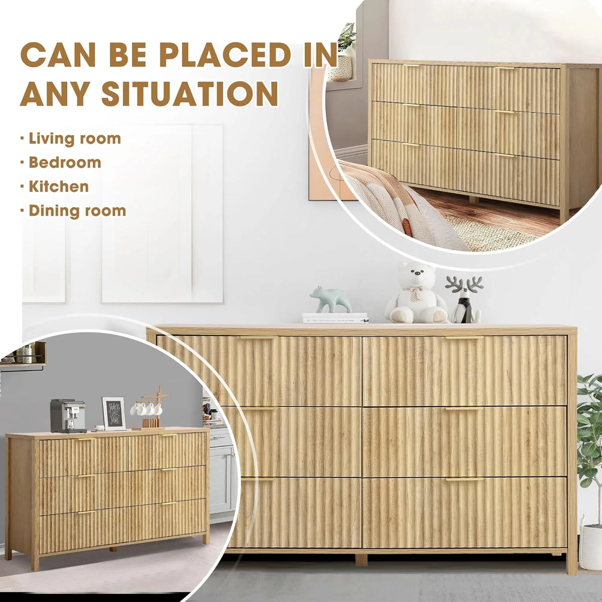 Magic Union Fluted 6 Drawers Dresser for Bedroom, 54" Wide Chest of Drawers with Thick Plank Styling, Wooden Storage Drawer Organizer for Bedroom, Living Room,Hallway, Entryway, Brown