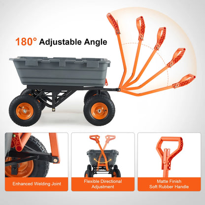 KFFKFF Garden Dump Cart, 35.8x19.5x8.2 in Dump Truck Cart, Max. 600lbs Load Capacity, 10in Rubber Tire, 180�� Adjustable Handle