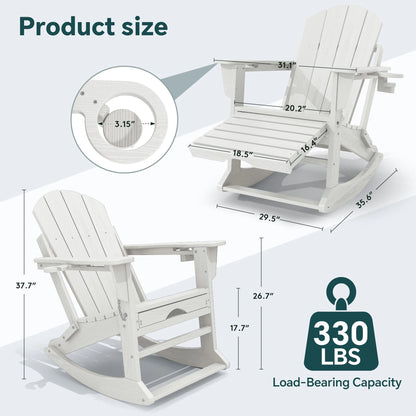 KINGYES Folding Adirondack Rocker Chair Set of 2 W/ Footrest & Dual Cup Holders, HDPE Outdoor Patio Rocking Chair, Black