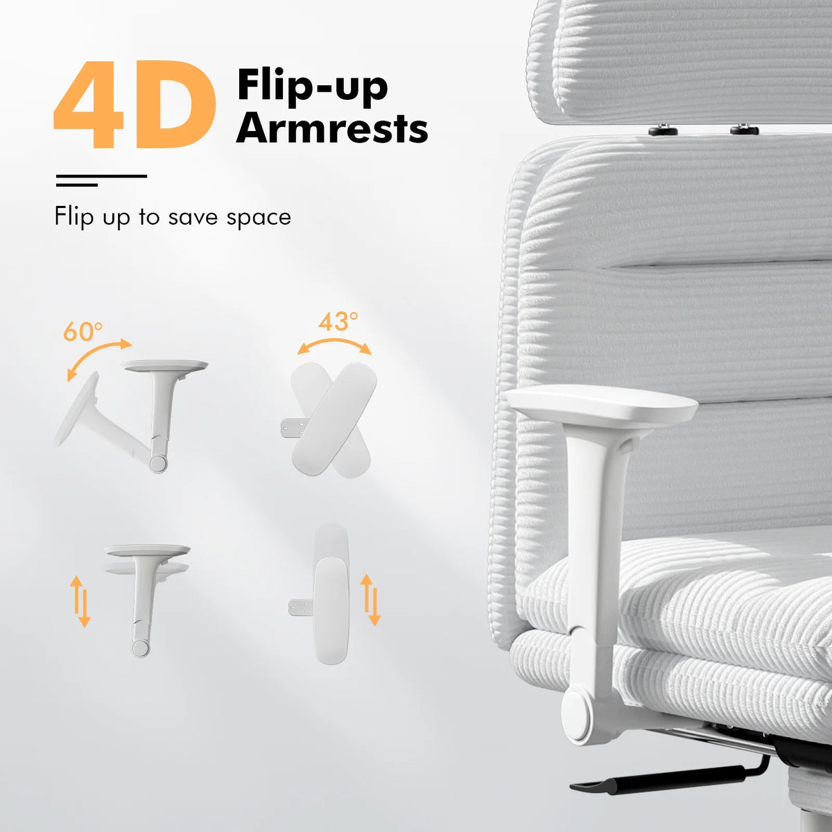 Solfway Criss Cross Chair with Wheels & Flip-up Arms, Executive Office Chair with Foot Rest, Swivel Cross Legged Office Chair, White Corduroy Fabric Comfy Computer Desk Chair, Vanity Chair for Home