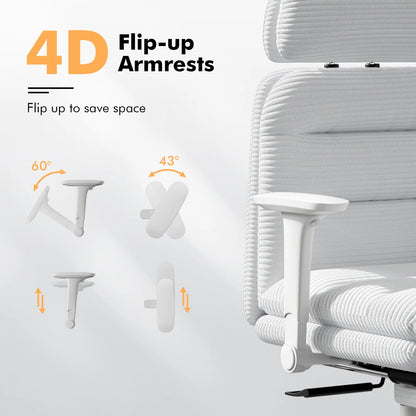 Solfway Criss Cross Chair with Wheels & Flip-up Arms, Executive Office Chair with Foot Rest, Swivel Cross Legged Office Chair, White Corduroy Fabric Comfy Computer Desk Chair, Vanity Chair for Home