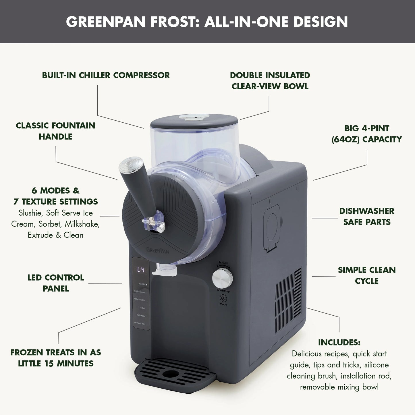 GreenPan Frost 6 Mode, Ice Cream, Frozen Drink, Slushie & Milk Shake Maker, No Freezer Needed, Easy Clean Parts, Gray
