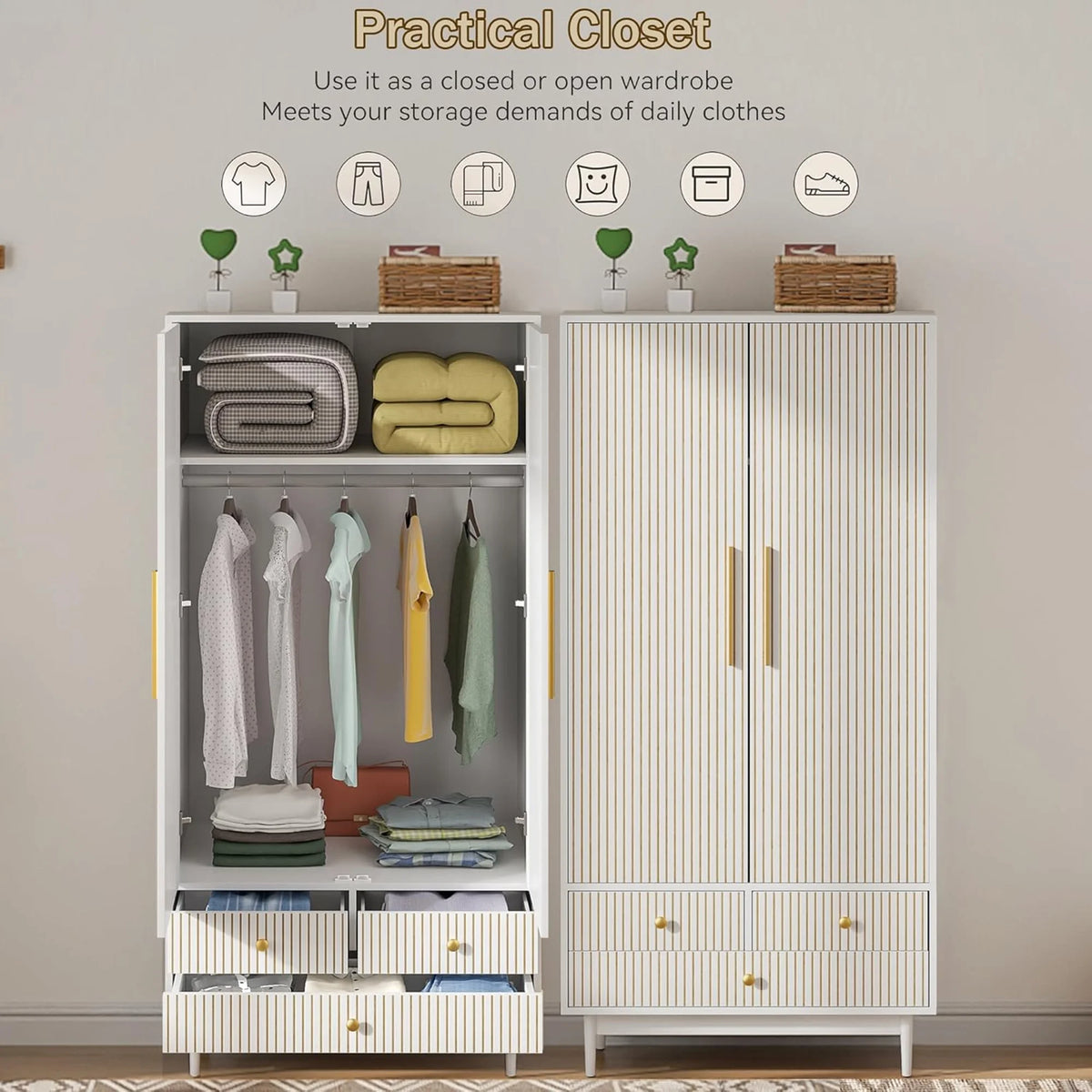 Oubayajia Wardrobe Armoire Closet, 2 Fluted Doors Wardrobe Cabinet with 3-Drawer and Hanging Rod, Wood Wardrobe Storage for Bedroom