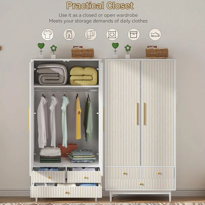 Oubayajia Wardrobe Armoire Closet, 2 Fluted Doors Wardrobe Cabinet with 3-Drawer and Hanging Rod, Wood Wardrobe Storage for Bedroom