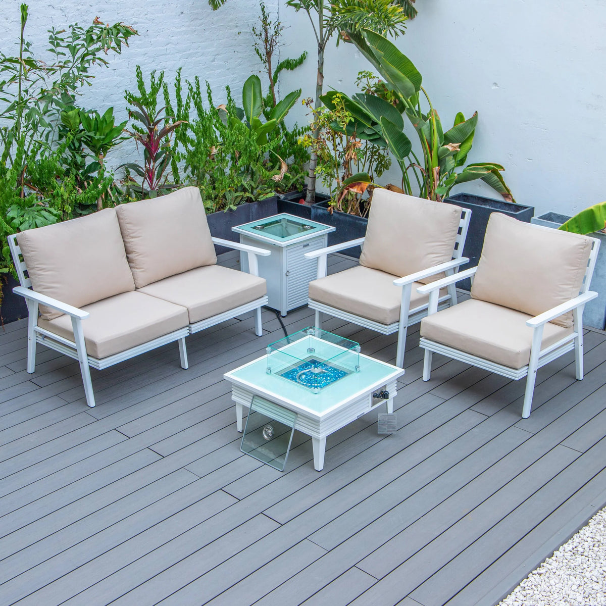LeisureMod Walbrooke Modern Aluminum 5-Piece Patio Conversation Set with Outdoor Square Fire Pit Table with Slats Design & Side Table Tank Holder (Green)