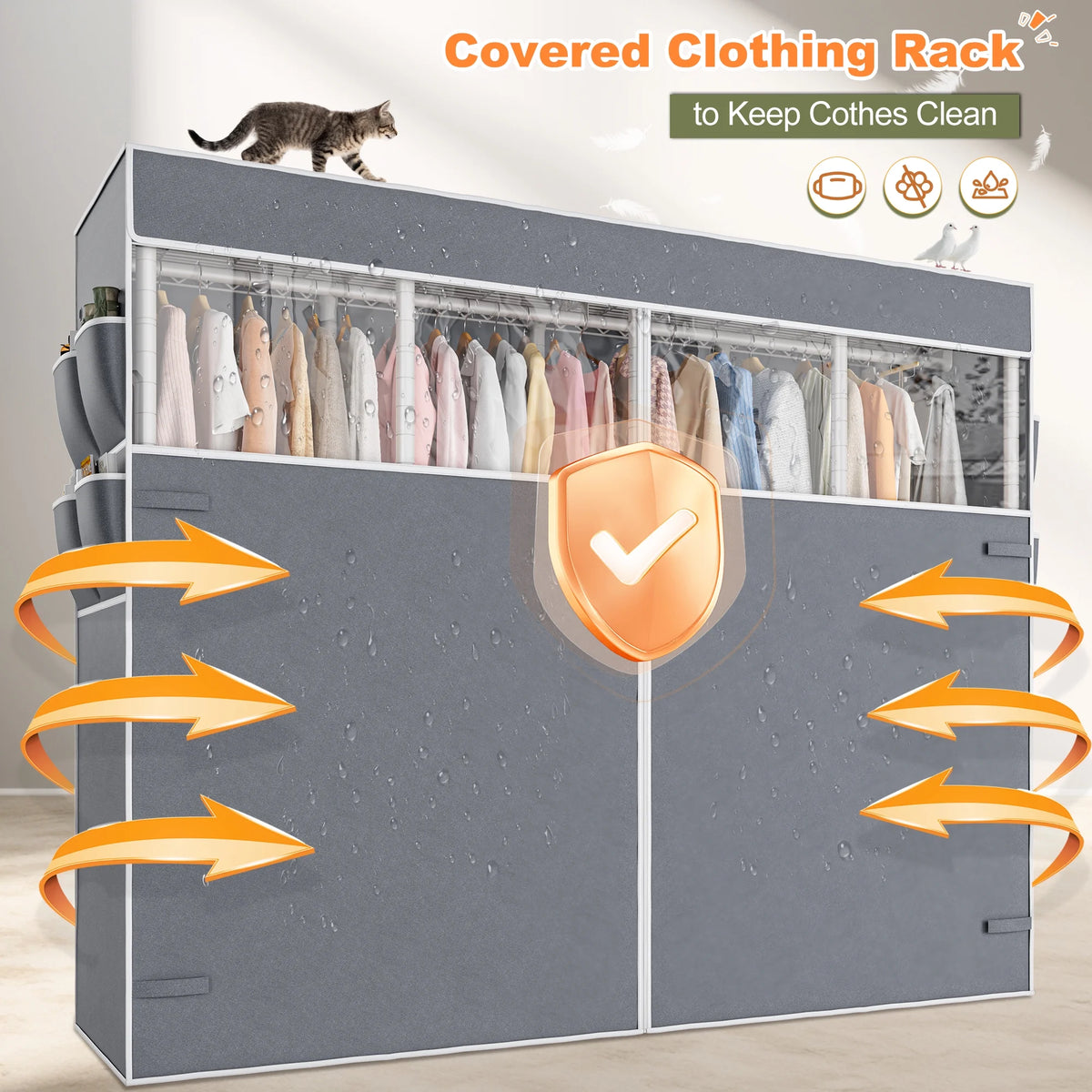 EnHomee 76"W Clothes Rack with Cover,1100LBS Heavy Duty Wardrobe Closet Organizer,Adjustable Portable Closet��Black