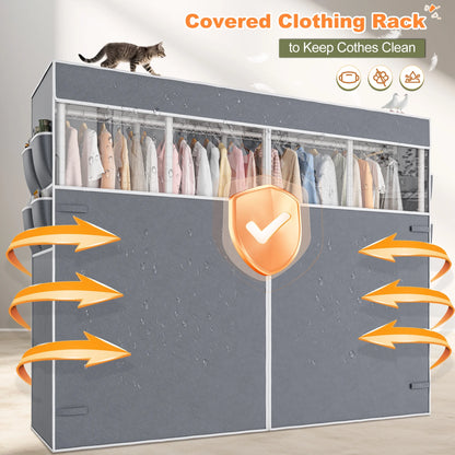 EnHomee 76"W Clothes Rack with Cover,1100LBS Heavy Duty Wardrobe Closet Organizer,Adjustable Portable Closet��Black