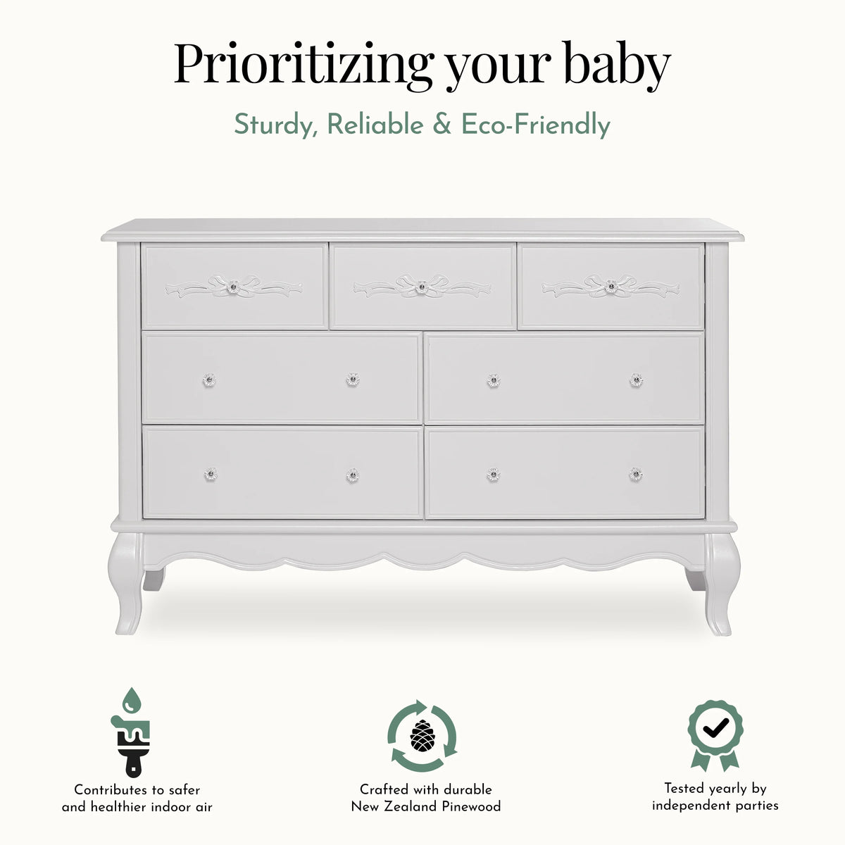 Evolur Aurora 7-Drawer Double Dresser in Ivory Lace, Spacious Drawers