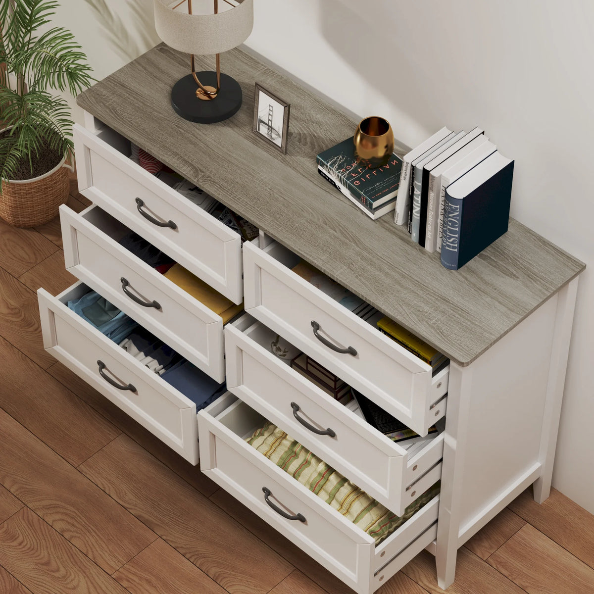White Dresser, Lofka 6 Drawer Dresser for Bedroom, Chests of Drawers for Living Room, White?? Brown