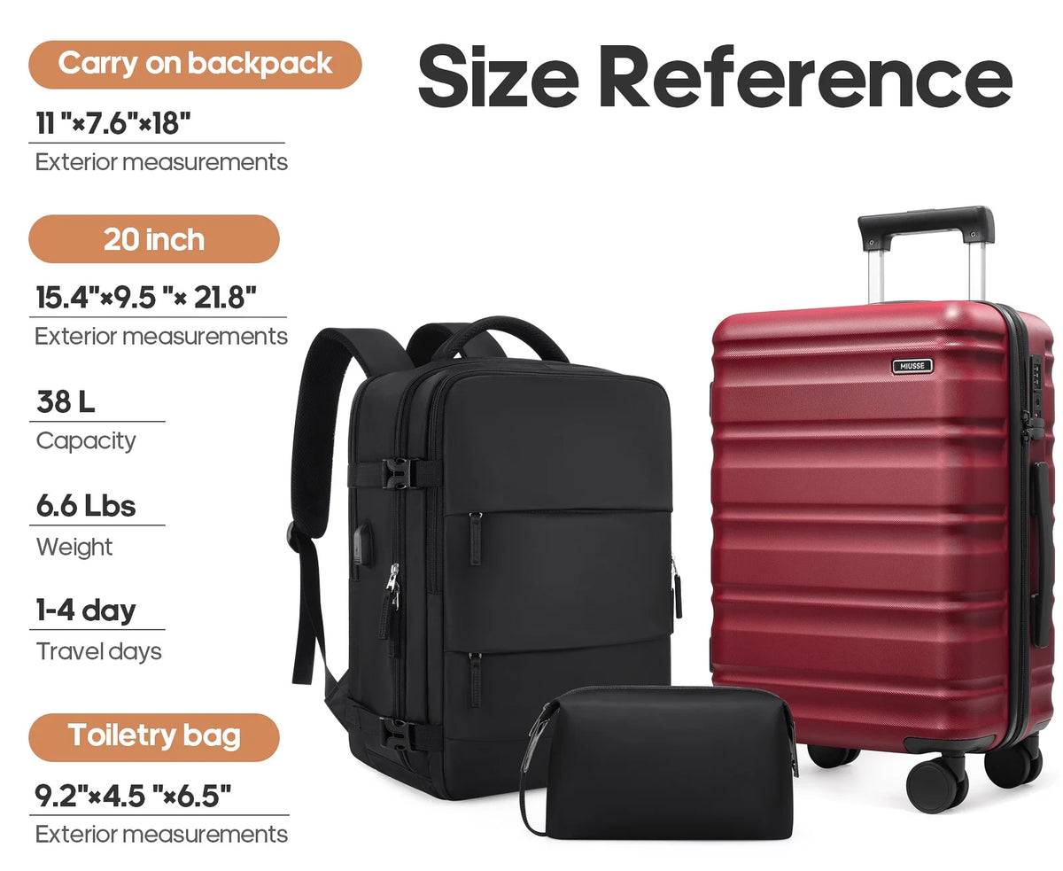 MIUSSE Luggage Sets 3 Piece, 20 Inch Carry On Luggage with Wheels, 100% PC Hardshell Suitcase with TSA Lock, Carry On Suitcases Airline Approved With Travel Backpack for Men Women