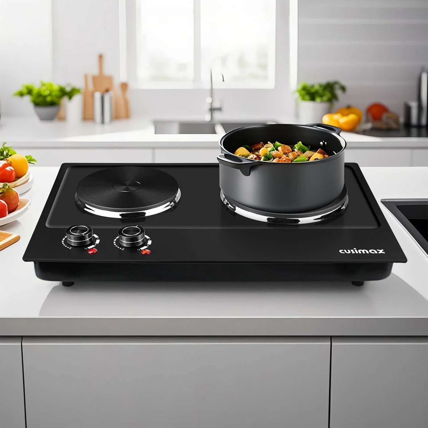 CUSIMAX 1800W Portable Double Burner Hot Plate �?Stainless Steel Countertop Electric Cooktop with Dual Cast Iron Heating Plates, Easy-to-Clean Silver Design, Upgraded Version