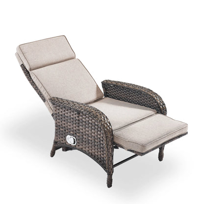 OPOHORO Outdoor Recliner Chair, Adjustable Reclining Patio Chair with Cushion, Wicker Outdoor Chaise Lounge with Adjustable Backrest and Footrest, Ideal for Pool Deck, Beige
