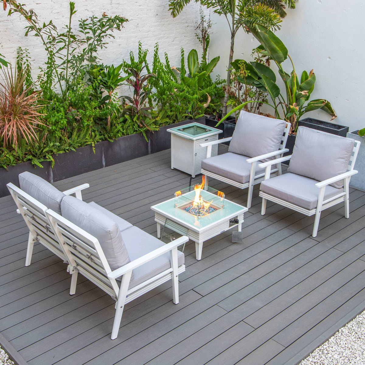 LeisureMod Walbrooke Modern Aluminum 5-Piece Patio Conversation Set with Outdoor Square Fire Pit Table with Slats Design & Side Table Tank Holder (Green)
