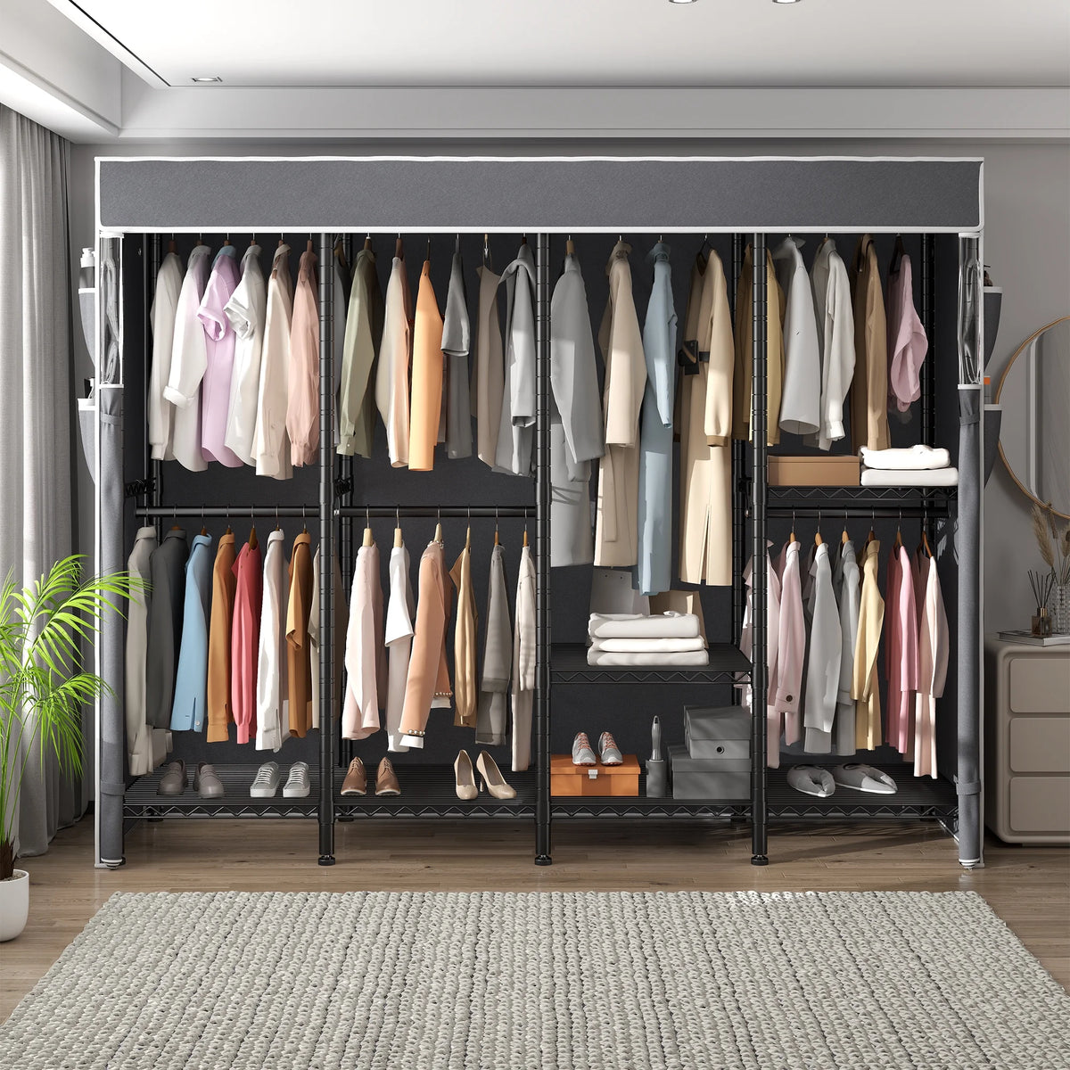 EnHomee 76"W Clothes Rack with Cover,1100LBS Heavy Duty Wardrobe Closet Organizer,Adjustable Portable Closet��Black