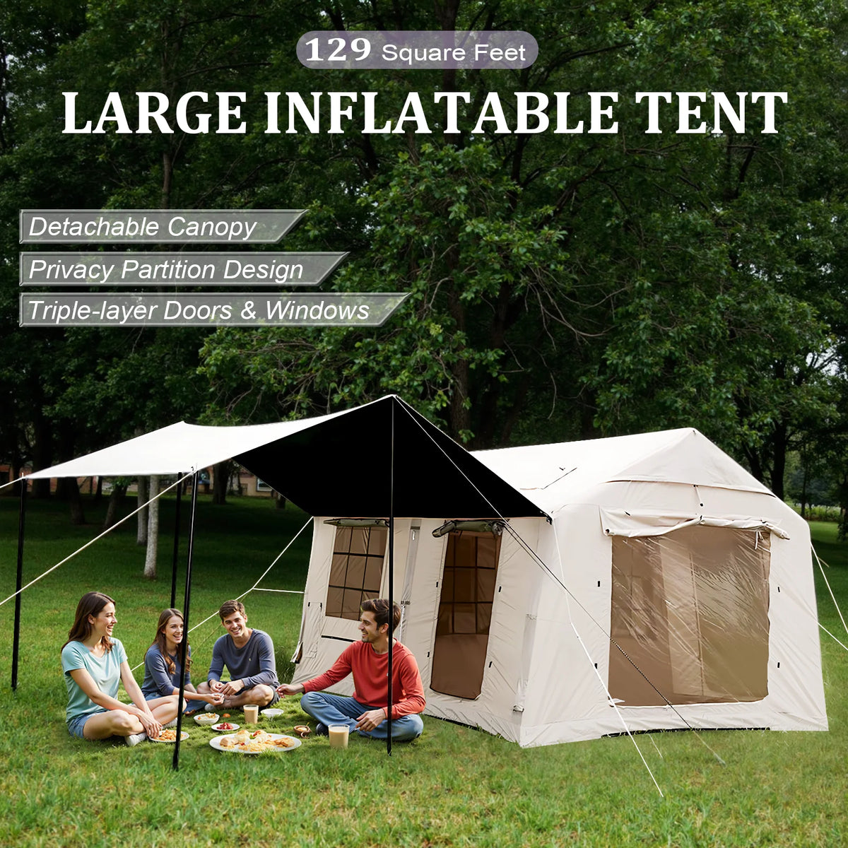 9.8' x 7' Inflatable Camping Tent,4 Season Blow up Tents for Camping, 4-6 Person Inflatable Tent with Stove Jack,Air Tents,Glamping Tent,Waterproof Luxury House with Mesh Window