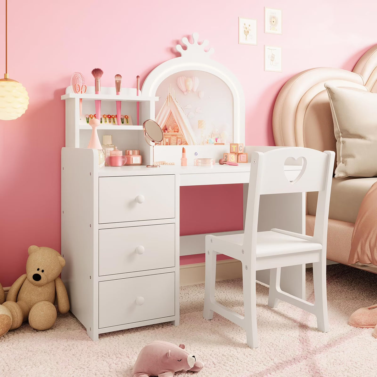 Yeshouse Princess Girls Makeup Vanity Table Set with Storage & Lights