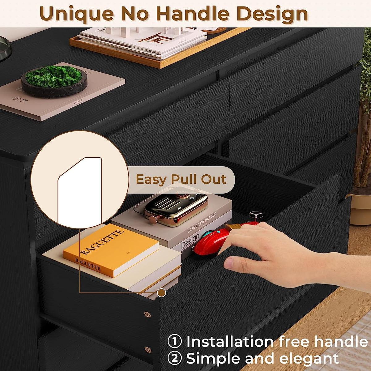 8 Drawers Double Dresser Wooden Black Chest of Drawers for Bedroom, Large Storage Cabinet for Home Living Room