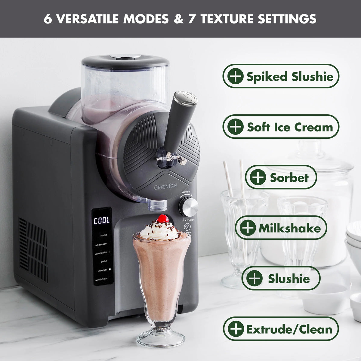 GreenPan Frost 6 Mode, Ice Cream, Frozen Drink, Slushie & Milk Shake Maker, No Freezer Needed, Easy Clean Parts, Gray