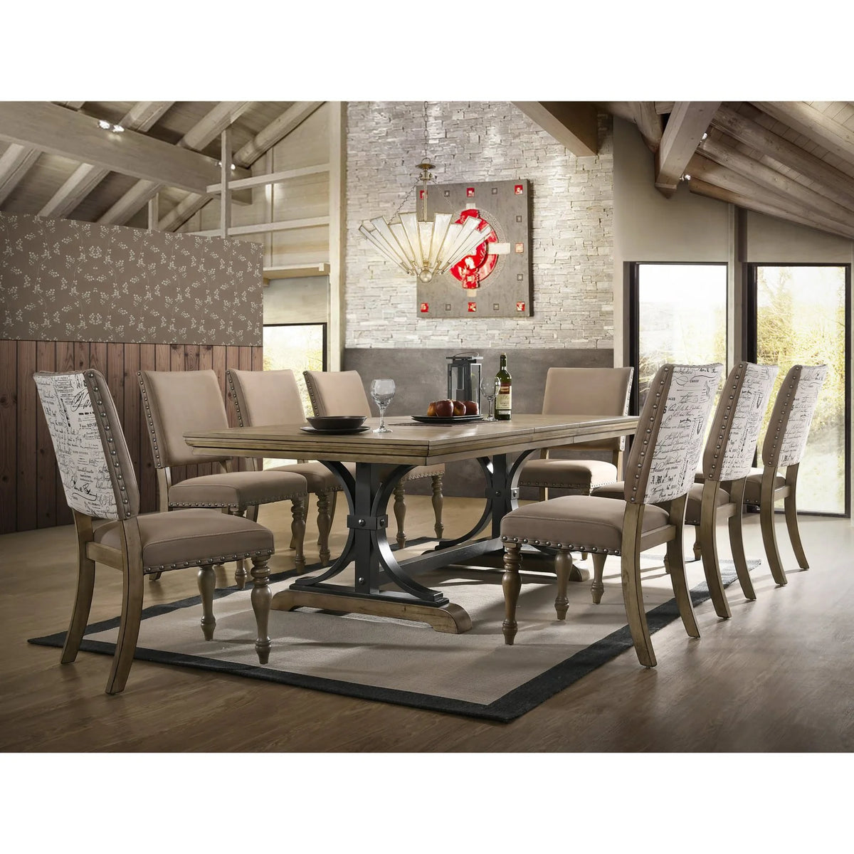 Roundhill Furniture 9-Piece Extendable Table with Nailhead Armchairs Dining Set, Driftwood