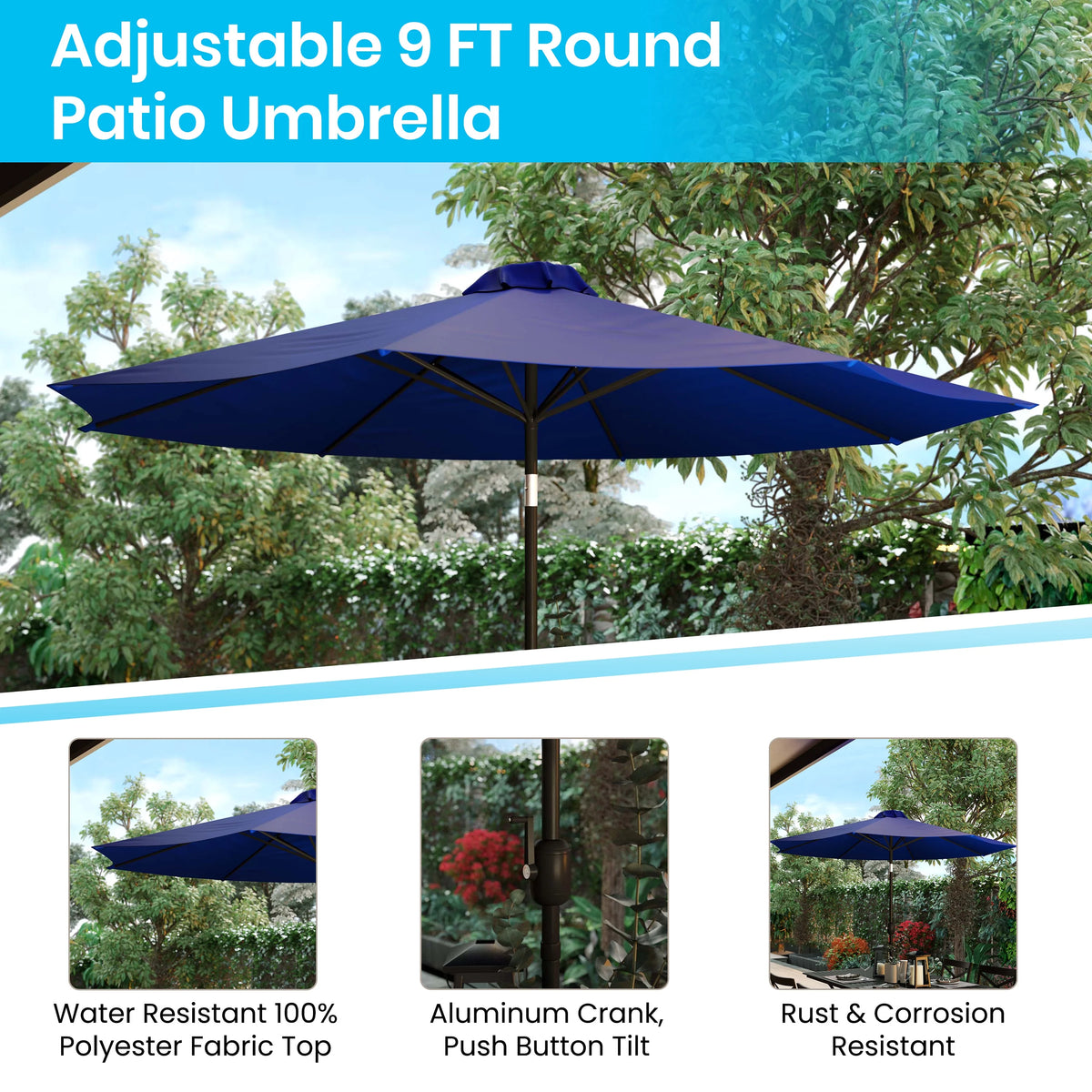 Merrick Lane Patio Umbrella with Base - 9' Tan Polyester Patio Umbrella - 30+ UV Protection - Waterproof Black Cement Base with 1.5" Diameter Aluminum Pole