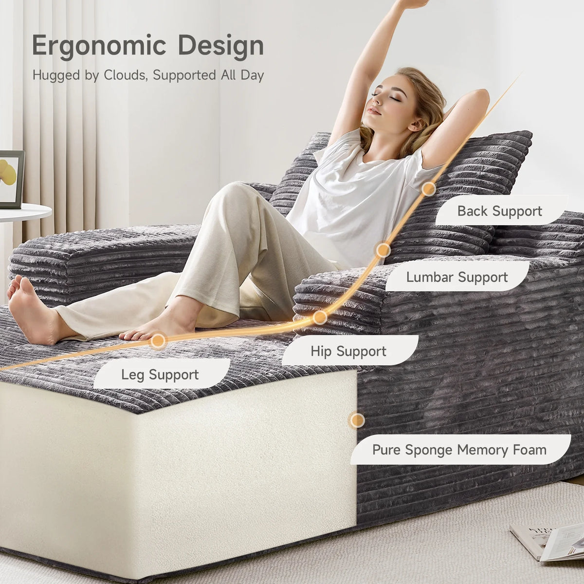 65" Corduroy Cloud Sleeper Chaise Lounge Chair, No Assembly Sofa Bed with Pillows, Beige
