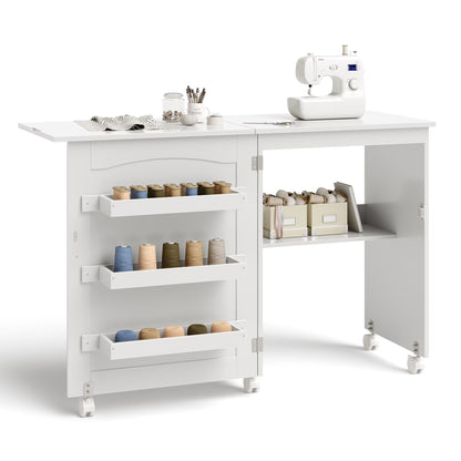 Costway Folding Sewing Table Rolling Craft Station with 3 Storage Bins & Charging Station White+natural