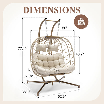 RADIATA Double Wicker Egg Swing Chair with Stand, 2-Person Hanging Egg Chair for Indoor/Outdoor, 700lbs Capacity, Thick Cushions & Headrest,Sturdy Metal Frame��Dark Gray