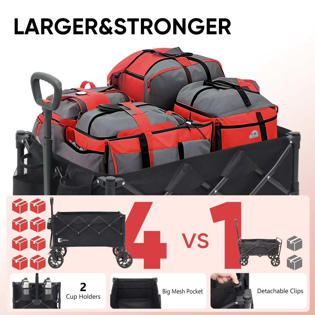 Sekey 330LBS Collapsible Wagon Cart, 220L Large Capacity Foldable Wagon, Heavy Duty Folding Utility Garden Cart with All-Terrain Wheels for Camp, Beach, Sport, Shop, Grocery (Black, 1-YEAR-WARRANTY)