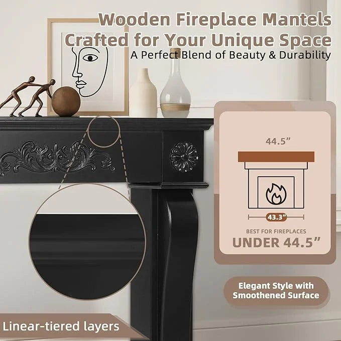 EPICOZY 44.5" Fireplace Mantel, Freestanding Fireplace Surround with Leg for Electric Fireplaces, MDF Mantel Surround with Shelf for Living Room with Decorative Pattern, Anti-Tipping & Waterproof