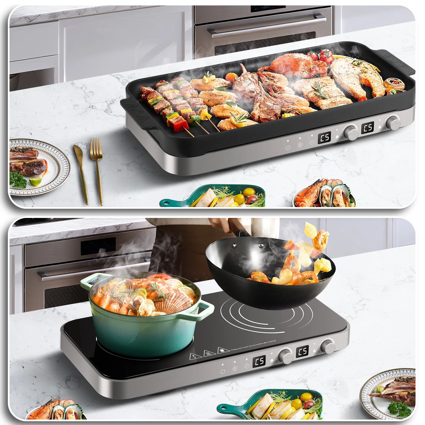 Sunmaki Portable Double Induction Cooktop with Removable Griddle Pan Non-stick, 1800W 2 burner Induction Hot Plate With Sensor Touch 9 Power Levels, 99 Min Timer,Great for Family Party