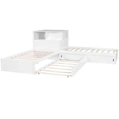Euroco Pine Wood L-Shaped Twin Platform Bed with Storage Desk, Cabinets, Trundle and LED Light for Kids Teens, Gray