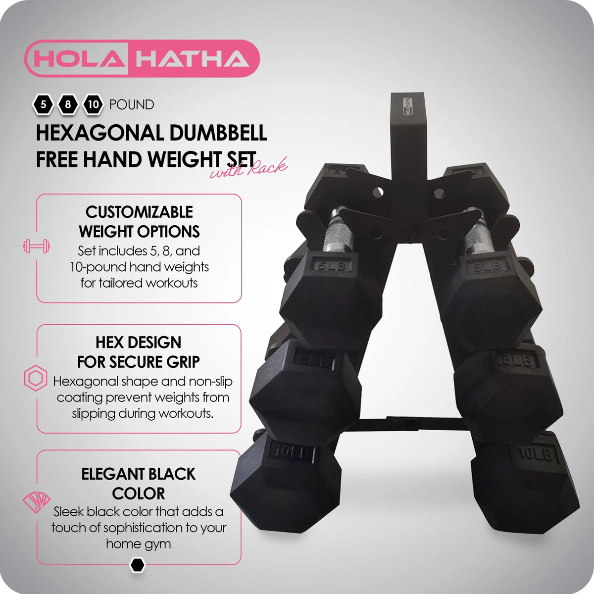 HolaHatha Hex Dumbbell with Rack, 5/10/15/20/25 lb (Black)