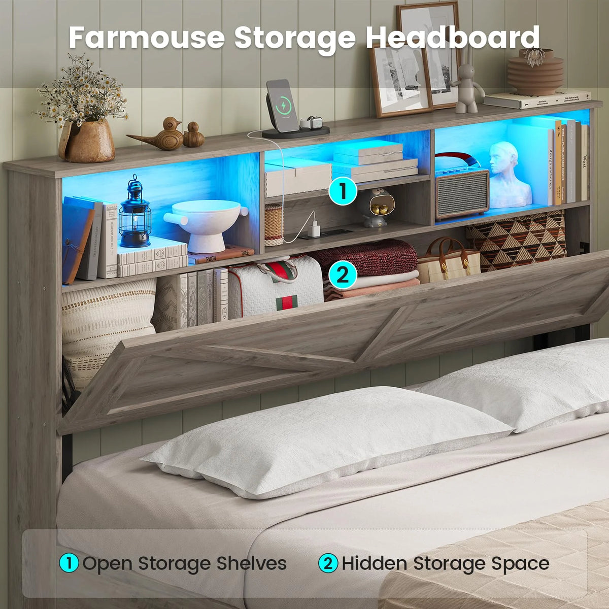 Twin Bed Frame with 4 Storage Drawers and Charging Station, Farmhouse Wooden Led Twin Bed with Storage Hidden Space Headboard and Metal Slats, Gray