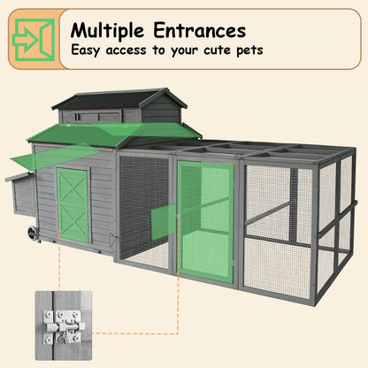 Chicken Coop for 6-10 Chickens, 112" Extal Large Chicken Coops, with Chicken Run & Nesting Box & Secure Enclosure, Outdoor Wooden Hen House Hutch for Rabbit, Poultry Pet, Duck