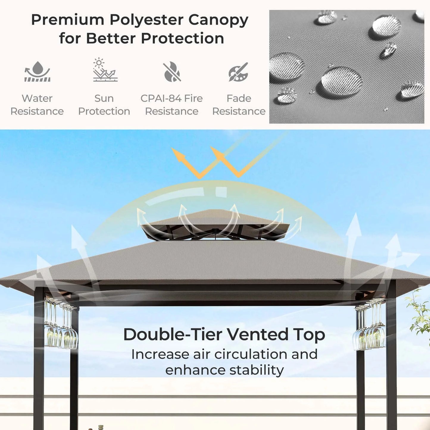 Costway 3 PCS Patio Bar Set with Tempered Glass Bar Table Metal Storage Shelves for Garden Grey