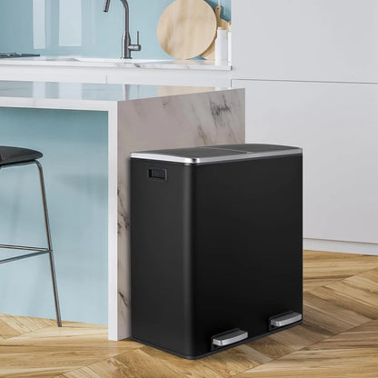 LAZY BUDDY Dual Garbage Can, Stainless Steel 16 Gallon Step Kitchen Trash Can with Soft-Close Lid, Double Compartment Garbage Recycling Bin