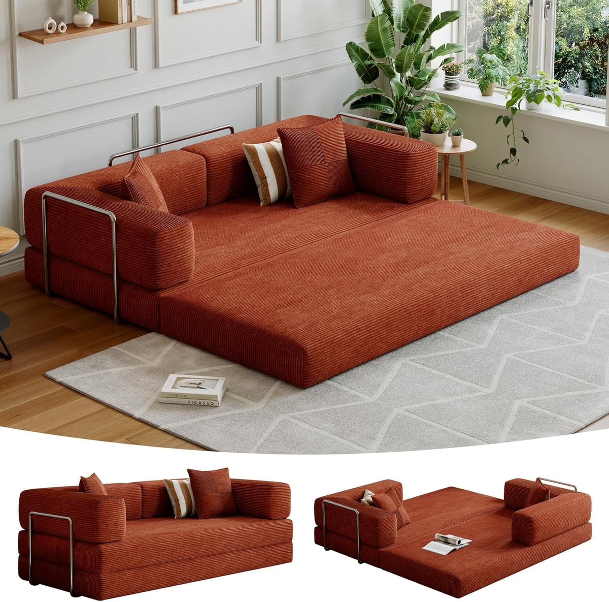 Convertible Sleeper Sofa Bed,Compressed Floor Boneless Couch,Modular Modern Corduroy Sofa for Living Room Bedroom -with Fixed-Shape Frame and Support Armrest,Easy Assembly(Green)